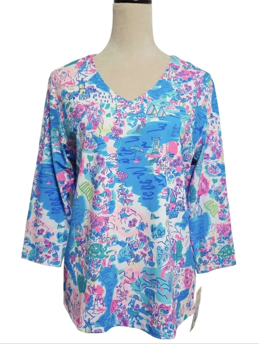 Lulu-B Women Size Large UPF 50+ Cooling Top 3/4 Sleeve V Neck Coastal Print NWT - Picture 2 of 14